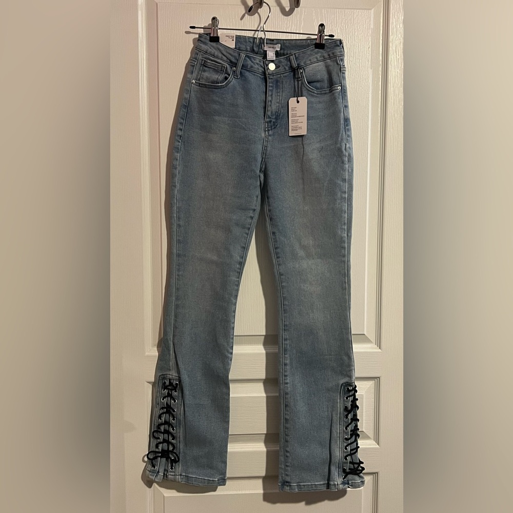 Forever 21 Blue Flare Jeans with Lace-Up Detail
